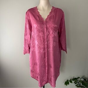 80s 90s Vintage Partners Lace Satin Pink Night Shirt Floral Damask Button Down